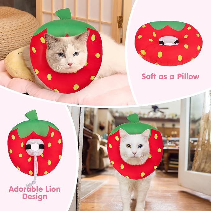 BEAUTYZOO Cat Cone Collars Soft, Cat Recovery E Collars After Surgery to Stop Licking, Adjustable Elizabeth Circle Collar Cute Pet Donut Pillow for Cats Kitten Small Dogs,Strawberry S-PawvioPets