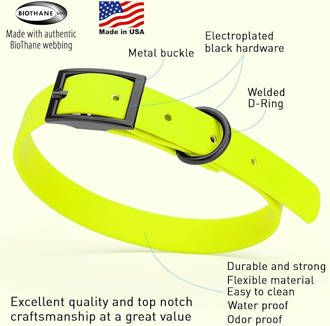 Dogline Biothane Waterproof Dog Collar Strong Coated Nylon Webbing with Black Hardware Odor- Proof for Easy Care Easy to Clean High Performance Fits Small Medium or Large Dogs, Safety Yellow-PawvioPets