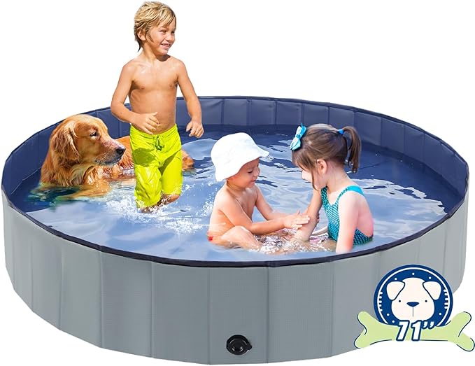 Foldable Dog Bath Swimming Pool 71'' Plastic Kiddie Pool Professional Tub Collapsible Grooming Bathtub for Pets Kids Baby and Toddler, 71 x 12 Inches Gray-PawvioPets