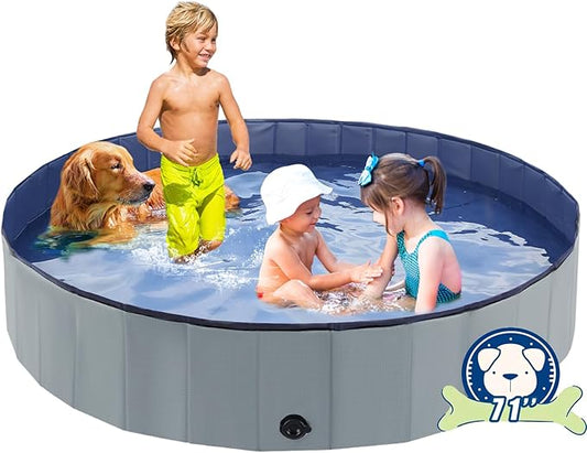 Foldable Dog Bath Swimming Pool 71'' Plastic Kiddie Pool Professional Tub Collapsible Grooming Bathtub for Pets Kids Baby and Toddler, 71 x 12 Inches Gray-PawvioPets