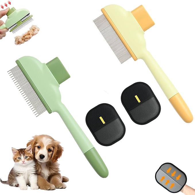 2 Pet Hair Removal Gloves, 2 Flea Combs for Cats and Dog，Reusable Electrostatic Gloves and Long & Short Flea Combs, 4 PCS pet hair removal tools-PawvioPets