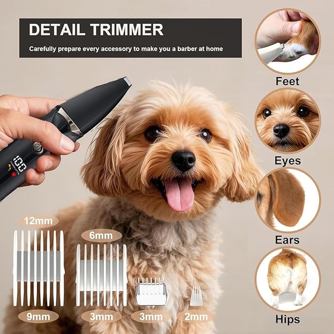 Dog Grooming Kit with LCD Display, 4 in 1 Dog Hair Trimmer for Paw Nail Grinder, Rechargeable Cordless Pet Cat Clippers, Professional Pet Paw Trimmer Nail Grinder Low Noise. Black-PawvioPets