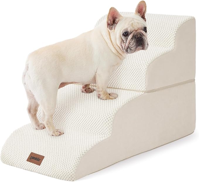 Dog Stairs Ramp for Bed 19.7" H - Pet Stairs Steps for Small to Medium Dogs to Get on Bed and Couch, 35D Foam with Non-Slip Bottom Beige, 4 Steps-PawvioPets