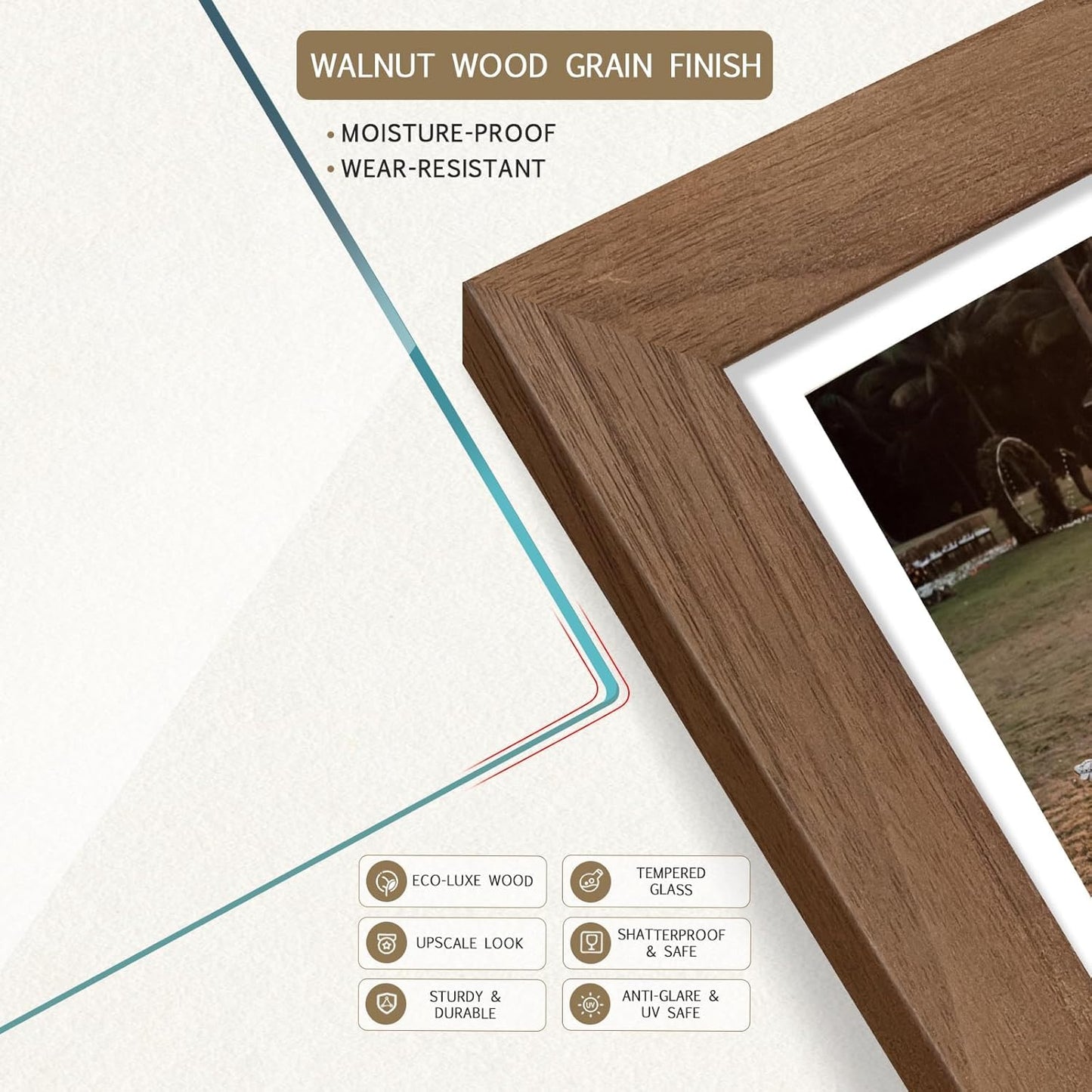 9x12 Frame 4 Pack - Brown Woodgrain, HD Tempered Glass, Natural Walnut Picture Frame 9 x 12, Table or Wall Display