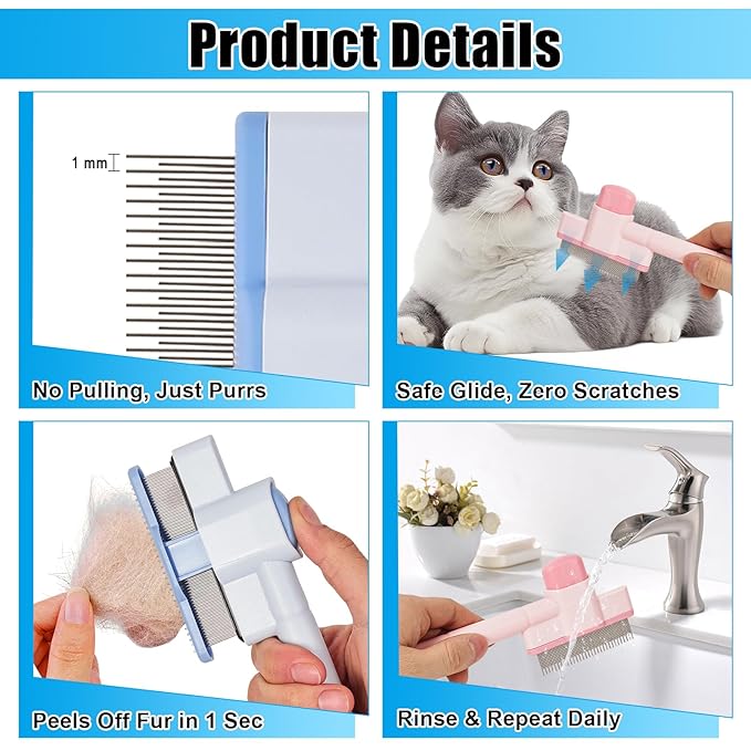 2PCS Flea Comb for Cats & Dogs – Magic Self-Cleaning Cat Grooming Brush with Stainless Steel Teeth, Cat Combs for Fleas and Ticks, Indoor Pets, Fine Tooth Comb for Kittens-PawvioPets