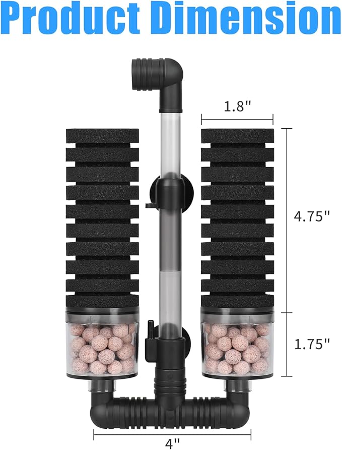 AQUANEAT Aquarium Air Powered Sponge Filter with Ceramic Media Balls, for Betta Fry Shrimp Fish Tank, with 2 Spare Sponges, up to 40Gal-PawvioPets