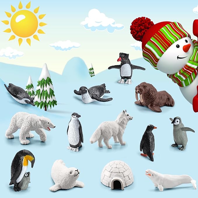 26Pcs Arctic Animal Figures - Polar Animal Toys Figurines with Penguins Arctic Fox Wolf Polar Bear Reindeer - Miniature Toys Cake Topper Christmas Birthday Gift for Kids & Toddlers-PawvioPets