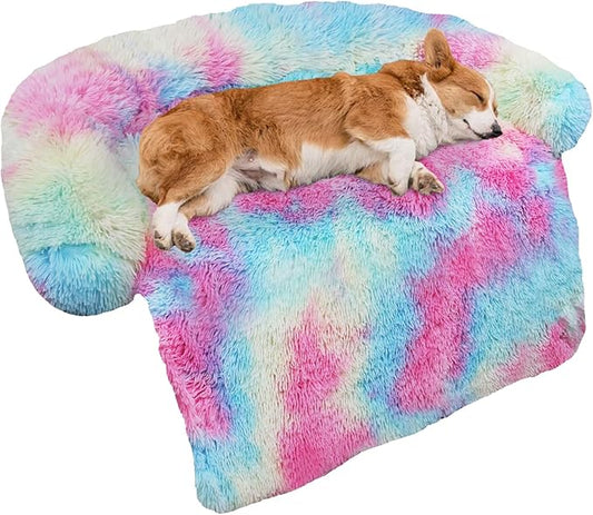 GGIB Calming Dog Bed Fluffy Plush Dog Mat for Furniture Protector with Removable Washable Cover for Large Medium Small Dogs and Cats (Medium, Rainbow)-PawvioPets