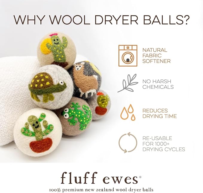 Fluff Ewes Wool Dryer Balls 6 Pack Premium New Zealand Wool Laundry Balls for Dryer, No Static Dryer Balls Laundry Reusable, XL Wool Dryer Balls Cute, Baby Dryer Balls for Dryers - Kiss My Cactus-PawvioPets