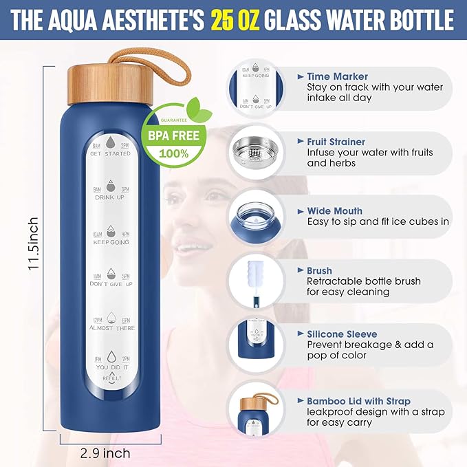 Aqulea Glass Water Bottles 25 Oz with Silicone Sleeve - BPA Free Reusable Wide Mouth Glass Motivational Water Bottles with Fruit Infuser – Leak Proof Borosilicate Water Bottle with Time Marker (Blue)-PawvioPets