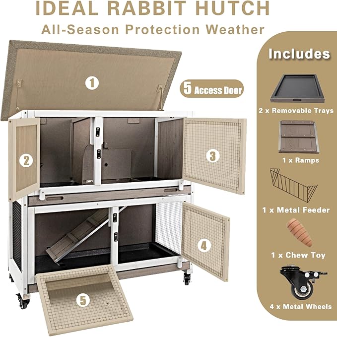 36" L Rabbit Hutch Indoor with 4 Metal Wheels, 2-Story Wooden Bunny Hutch Outdoor Bunny Cage, 2 Deeper Pull-Out Trays, Ramp, Rabbit Cage Guinea Pig Pet House for Small Animals-PawvioPets