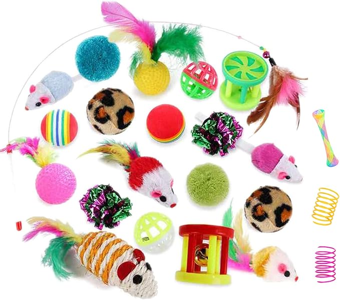 32Pcs Cat Toys Kitten Interactive Pet Toys Assortments, Foldable Rainbow Tunnel, Teaser Wand Fluffy Mouse Crinkle Balls Bell Play for Puppy Kitty (3 way)-PawvioPets