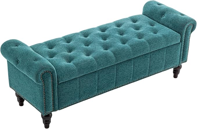 58’’ Storage Bench for Bedroom, Upholstered Button-Tufted Ottoman with Solid Wood Legs, Queen Size End of Bed Shoe Cabinet, Window Seat Foot Rest Stool for Entryway, Living Room (Teal)-PawvioPets