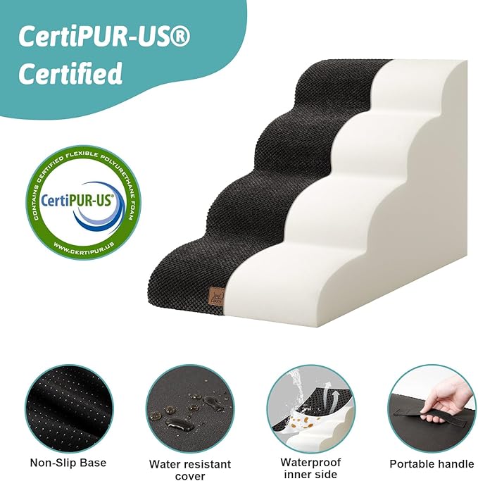 Dog Stairs for Small Dogs 19.7" H, Curved Dog Step for Puppy, Older or Cat, Medium Pet Ramp for Sofa, Couch or Bed, Ladder with High Density Foam, 15.7x28.3x19.7 inch, 4 Step, Black-PawvioPets