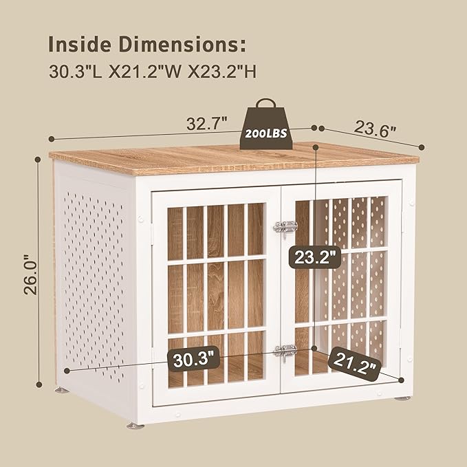 32" Heavy Duty Dog Crate Furniture for Small and Medium Dogs, Metal Kennel for High Anxiety Dogs, Chew Proof Pet Cage Indoor, Decorative Dog Kennel End Table, White-PawvioPets
