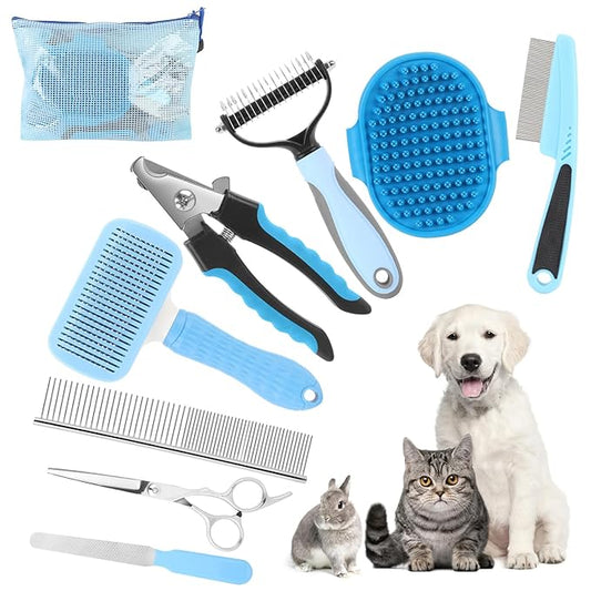 Cat Grooming Brush, 9PCS Dog Brush Kit with Pet Nail Clipper and File, Deshedding Brush for Cats, Cats Dog Shedding Brushs for Small Large Pets, Includes Flea Comb, Bath Brushs,Undercoat Rake (Blue)-PawvioPets
