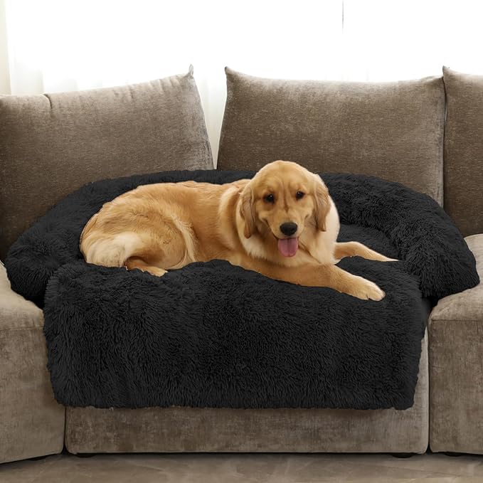 GGIB Calming Dog Bed Fluffy Plush Dog Mat for Furniture Protector with Removable Washable Cover for Large Medium Small Dogs and Cats (Extra Large (53x39.3x6), Black)-PawvioPets