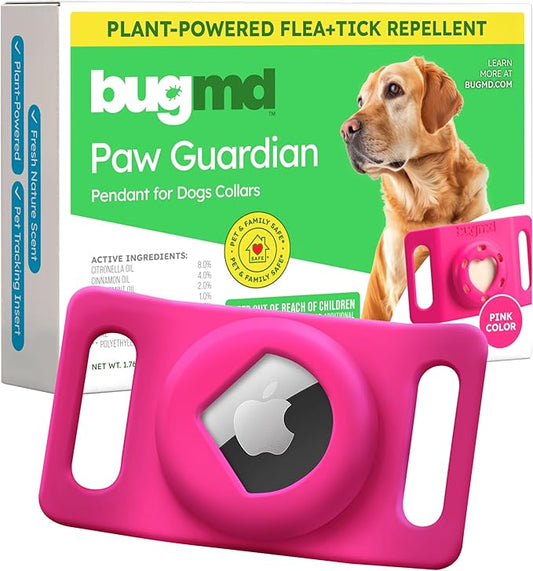 BugMD Paw Guardian Flea and Tick Prevention Pendant for Dogs with AirTag Holder | Plant-Powered Flea & Tick Control for Dog Collars Harnesses | Dog Tag with Air Tag Holder - Pink-PawvioPets