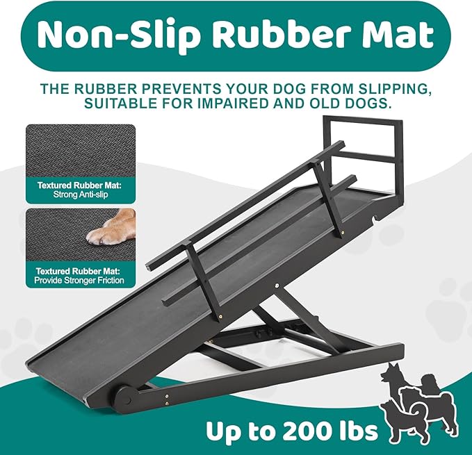 Dog Ramp for Bed, Adjustable Pet Ramps for Dog to Get on Bed, Non-Slip Rubber Surface - Folding Wooden Dog Ramp for Small/Large/Old Dogs, Adjustable up to 27.5 inch High Beds, Safety Railings-PawvioPets