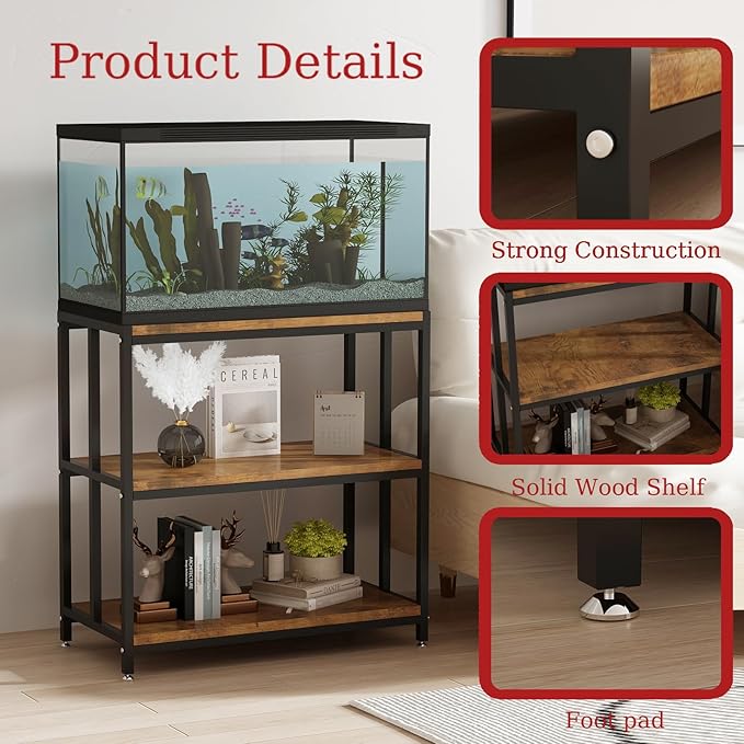 20 Gallon Metal Aquarium Stand with Shelves for Fish Tank Accessories Storage, Reptile Tank Turtle Terrariums Stand for Home Office (Black)-PawvioPets