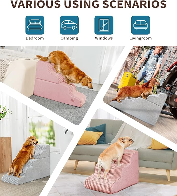 Dog Step for Bed, Dog Stair 3-Step 35D Pet Stair 15.7" H for High Bed or Sofa Non-Slip Balanced Pet Step Indoor, Pink-PawvioPets