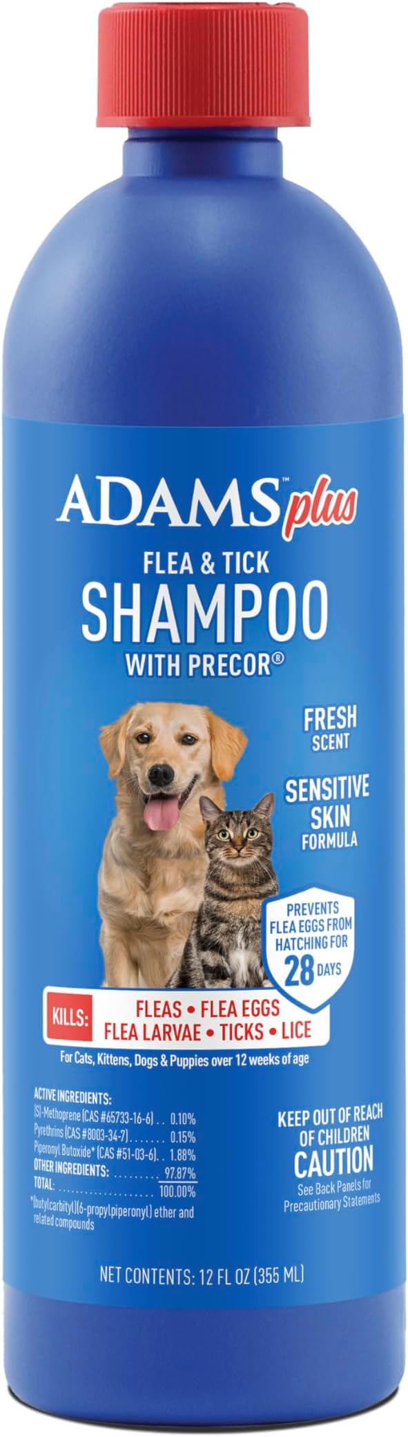 Adams Plus Flea & Tick Shampoo with Precor for Cats, Kittens, Dogs & Puppies Over 12 Weeks Of Age Sensitive Skin Flea Treatment | Kills Adult Fleas, Flea Eggs, Ticks, and Lice| 12 Ounces-PawvioPets
