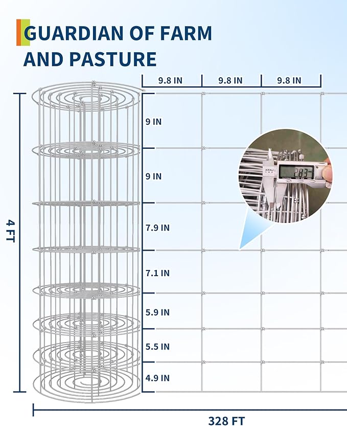 9GA Thickened Heavy Duty Cattle Farm Fence, 4ft x 328ft Galvanized Goat Deer Fence, Heavy Zinc Coating Hog Wire Fencing for Farm Livestock Animals Protection-PawvioPets