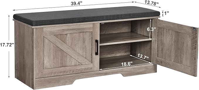 2-Tier Storage Bench, Shoe Bench with Padded Seat Cushion, Entryway Bench with 2 Barn Doors, Adjustable Shelf, 13.8" D x 39.4" W x 17.7" H, for Entryway, Living Room, Bedroom, Greige-PawvioPets