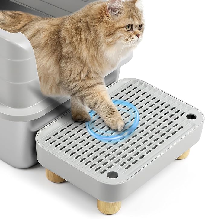 Cat Litter Box Step Ramp, Cat Litter Catcher Mat with Wooden Feet, Filter Function, Cat Pedal Stool for Self-Cleaning Cat Litter Box, Ideal for Kitten & Elderly Cats (Light Grey)-PawvioPets