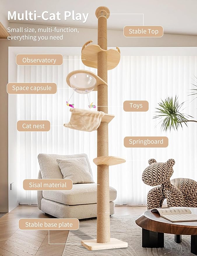 Floor-to-Ceiling Cat Tree with Natural Sisal Rope Scratching Post - Adjustable Height (55-119 Inches) - Modern Cat Activity Tree, Cat Scratcher Post-PawvioPets