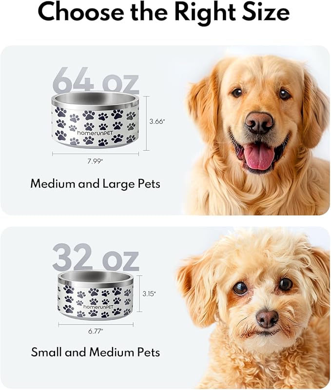 Dog Bowl, HomeRunPet Dog Food Water Bowl with Non-Slip Rubber Base, Metal Insulated Stainless Steel Dog Bowls, Double Wall Dog Bowl for Small Medium Large Dogs, Durable, Dishwasher Safe, 32oz-PawvioPets