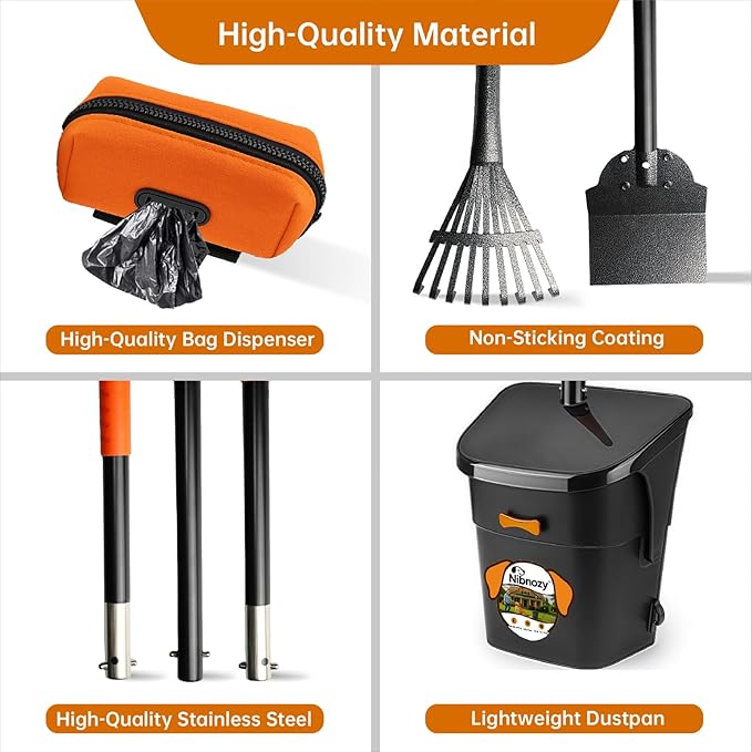 Dog Pooper Scooper with Bags & Dispenser - 37.4" Long Durable Metal Handle Swivel Bin & Rake & Spade Kit, Large Capacity Portable Pooper Scooper for Yards，Easy to Assemble-PawvioPets