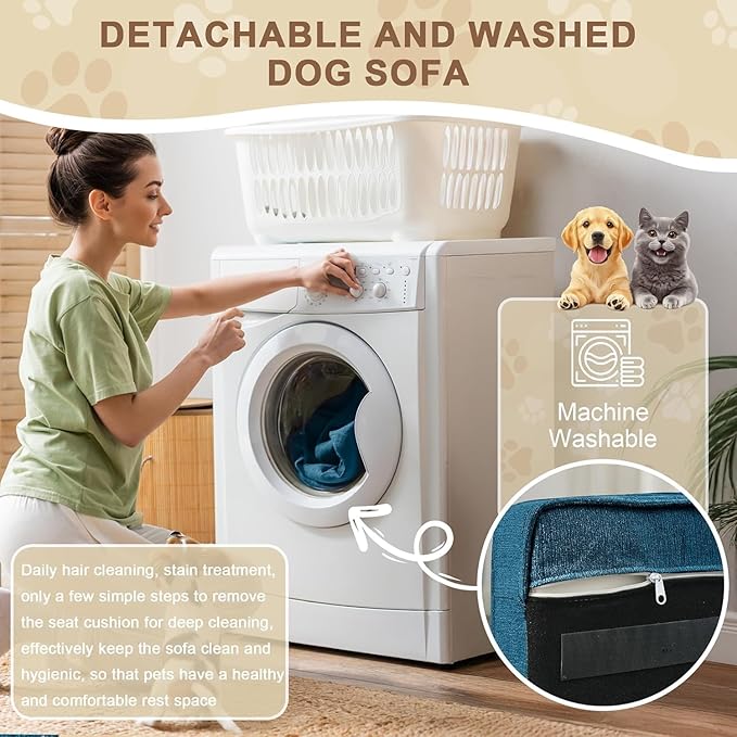 Dog Sofa Couch for Medium to Large Dogs, 31" Memory Foam Dog Couch with Washable Fabric, Removable Cushion, Sofa Bed for Medium and Large Dogs, Blue-PawvioPets