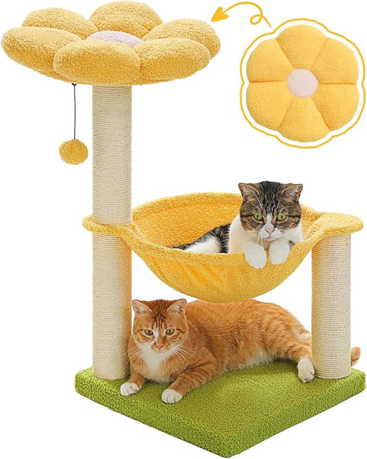 28" Flower Cat Tree Cute with Flower Top Perch, Large Hammock for Indoor Small Cats, Small Cat Tower with Cute Scratching Post and Fur Toy Ball for Kittens, Yellow-PawvioPets