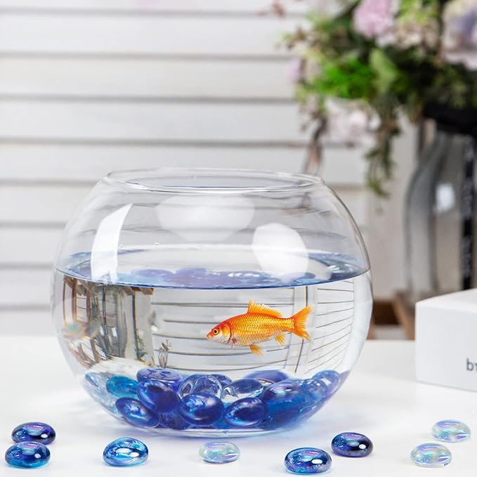 FUTUREPLUSX 1LB Iridescent Flat Glass Marbles, Blue Mixed Glass Beads Vase Fillers Decorative Gem Pebbles Sparkling Floral Fish Tank Rocks for Vases Table Scatter Aquarium Decor DIY Craft-PawvioPets