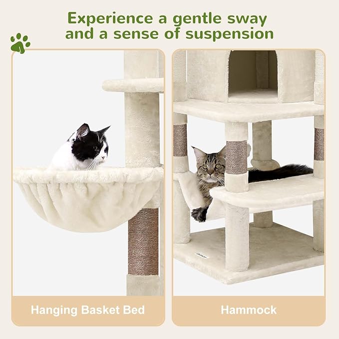 Globlazer Corner Cat Tree Tower for Large Cat, 66inch Tall Large Cat Tree Condo for Multiple Indoor Cats with 6 Scratching Posts, 2 Spacious Cat Condos, Soft Hammock, Hanging Basket, C66, Light Beige-PawvioPets