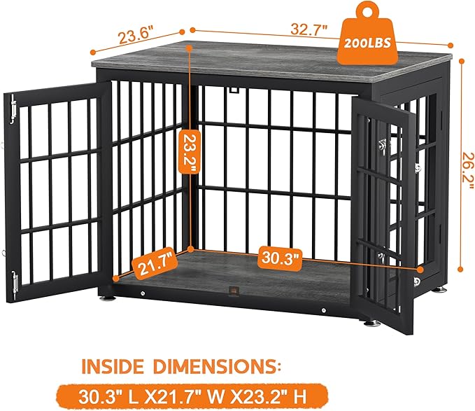 32 Inch Heavy Duty Dog Crate Furniture for Medium and Small Dogs, Decorative Pet House End Table, Wooden Cage Kennel Furniture Indoor, Gray-PawvioPets