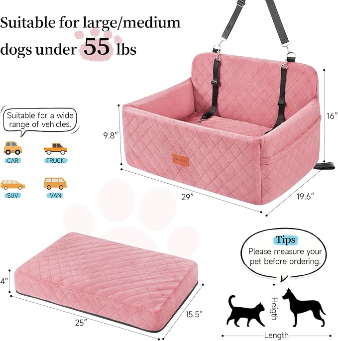 Dog Car Seat for Medium/Large Dogs, Pet Booster Seat for Under 55 lbs or 2 Small Dogs, Detachable & Washable Dog Car Bed for Backseat with 2 Safety Leashes (Pink)-PawvioPets