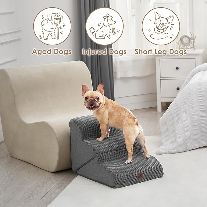 EHEYCIGA Curved Foldable Dog Stairs Ramp for Small Dogs 16" H, 3-Step Dog Steps for Couch Sofa and Chair, Pet Stairs for Cats, Non-Slip Balanced Pet Steps Indoor, Grey-PawvioPets