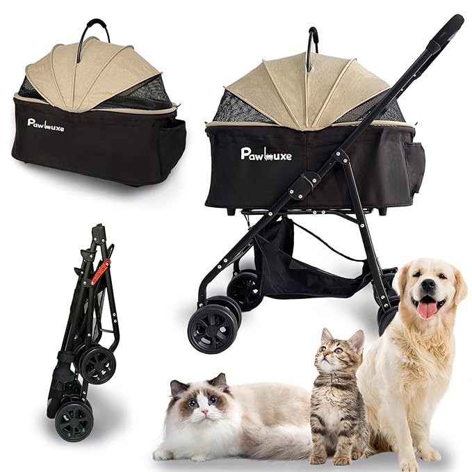 4 Wheels Pet Stroller 4 in 1 Pet Stroller with Detachable Carrier for Small & Medium Dogs Cats up to 55 lbs Easy-Folding Travel Dog Wagon with Car Seat Breathable Mesh,Khaki-PawvioPets