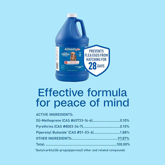 ADAMS Plus Flea & Tick Shampoo with Precor IGR for Cats, Kittens, Dogs & Puppies Over 12 Weeks Of Age, Sensitive Skin Flea Treatment, Kills Adult Fleas, Flea Eggs, Ticks, and Lice, 1 Gallon-PawvioPets