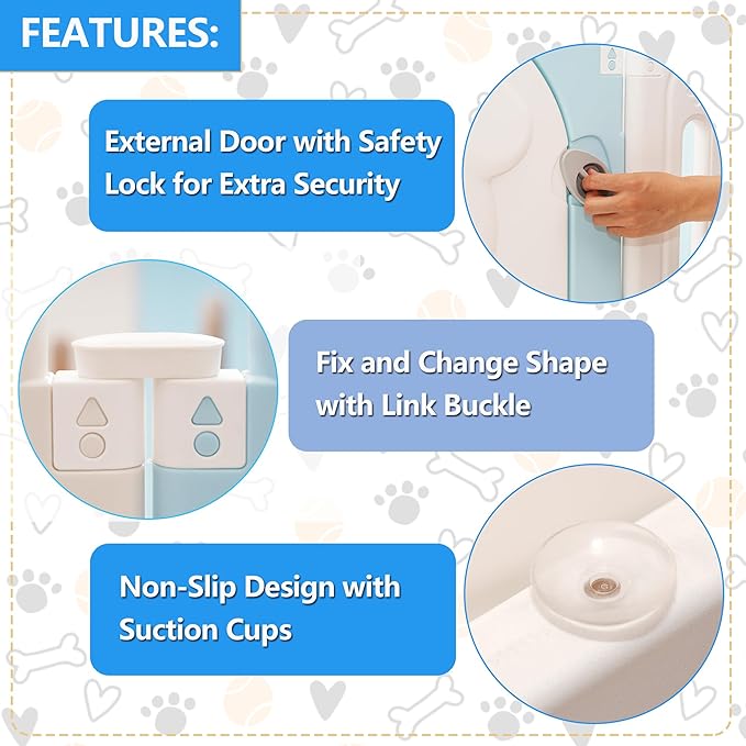 Foldable Dog Play Pen Indoors, Non-Slip Sturdy Puppy Playpen with Door, 25.5" H 12-Panel Adjustable Shape Dog Fence Pen for Small/Medium Dogs, Thickened, Easy to Store, White+Blue-PawvioPets