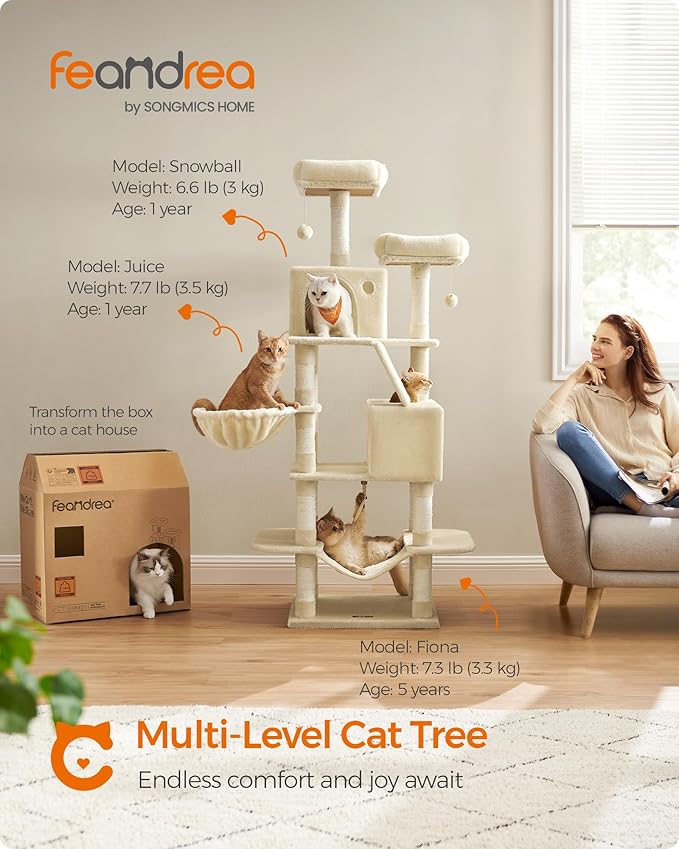 Feandrea Cat Tree, 66.1-Inch Large Cat Tower with 13 Scratching Posts, 2 Perches, 2 Caves, Basket, Hammock, Pompoms, Multi-Level Plush Cat Condo for Indoor Cats, Beige UPCT165M01-PawvioPets