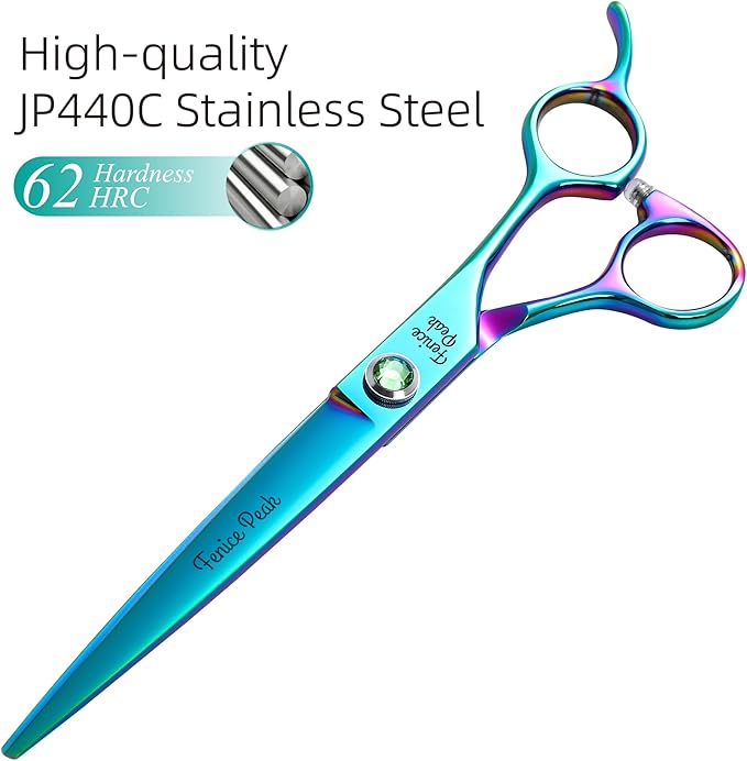 Fenice Peak 7.5'' Green Straight Dog Grooming Scissors Pet Shears with Ergonomic Offest Handle and Simulated Emerald Screw 440C Grooming Scissors Trimming Shears Durable and Sharp-PawvioPets
