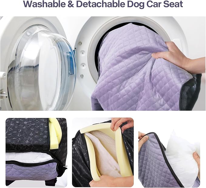 Dog Car Seat for Small Medium Dogs Up to 40lbs, Detachable Washable Soft Pet Booster Travel Bed for Front & Purple Seat with Safety Leash Belt-PawvioPets