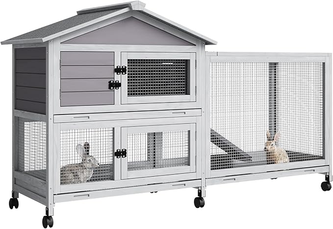2-Tier Rabbit & Chicken House Mobile,Wooden Chicken Coop & Bunny Cage with Non-Slip Ramp, 4 Doors,Waterproof Roof & Pull-Out Tray,Outdoor/Indoor Pet Cage Movable-PawvioPets