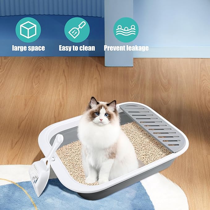 Cat Litter Box for Travel, 18"×14" Grey Small Litter Box for Open Foldable Waterproof Litter Pan,Kitty Litter Box Easy to Clean and Assemble, Portable Litter Box with Scoop-PawvioPets