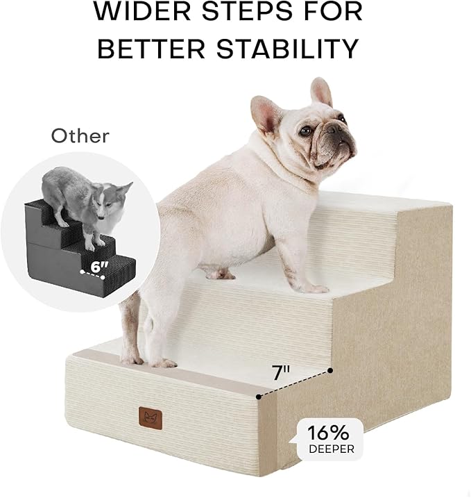 Dog Stairs for Bed, Dog Steps for Bed Couch Sofa, 35D Foam Pet Steps for Small Dogs and Cats, Extra Wide Pet Stairs with Non-Slip Bottom Beige, 3 Steps-PawvioPets
