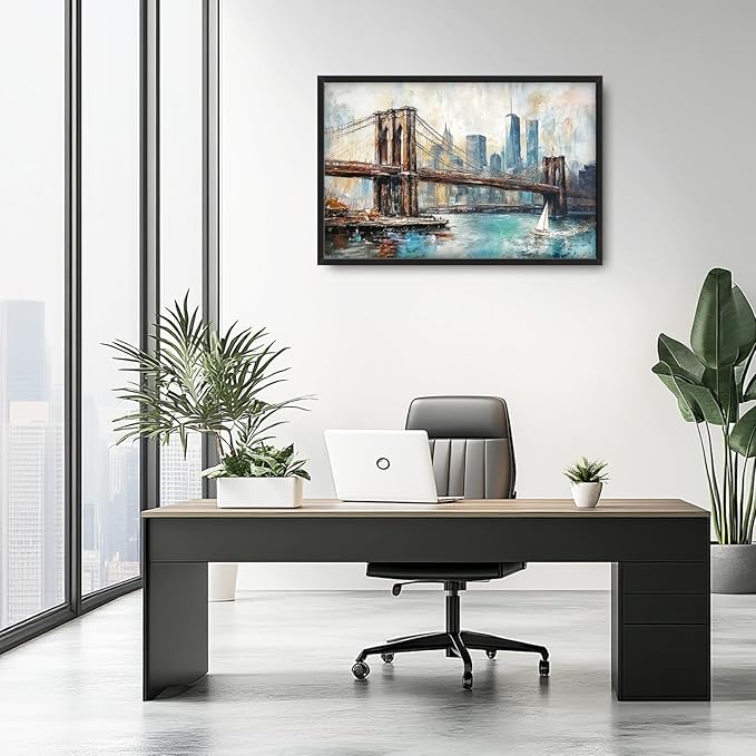 Extra Large Framed Brooklyn Bridge Wall Art,New York City Wall Decor,Abstract Skyline Cityscape Pictures for Living Room,Canvas Print Painting Modern Artwork Bedroom Office Bathroom 36L x24W-PawvioPets