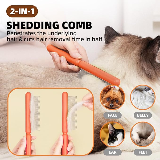 Dog Grooming Brush Set, 7 PCS Self-Cleaning Deshedding Hair Brushes for Short Long Haired Dogs Cats, Includes Scrubber Shower Wash Brush, Dematting Comb, Scissor - Yellow-PawvioPets